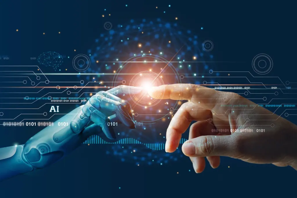 hands of robot and human touch amid virtual networked connections circuits binary code digital identity artificial intelligence machine learning innovation future by ipopba gettyimages 1206796363 2400x1600 100858181 large.3x2