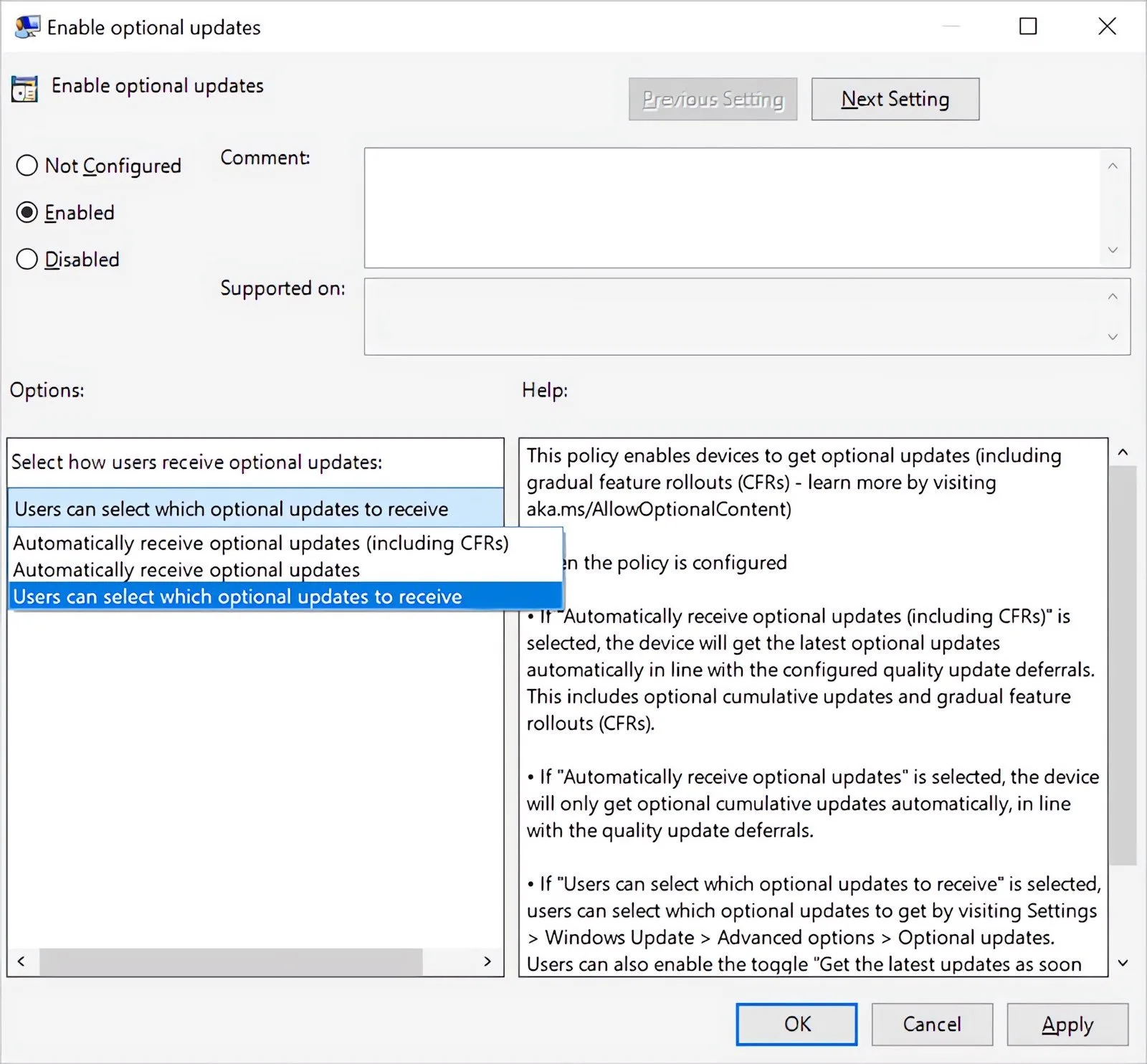 'Enable optional updates' policy