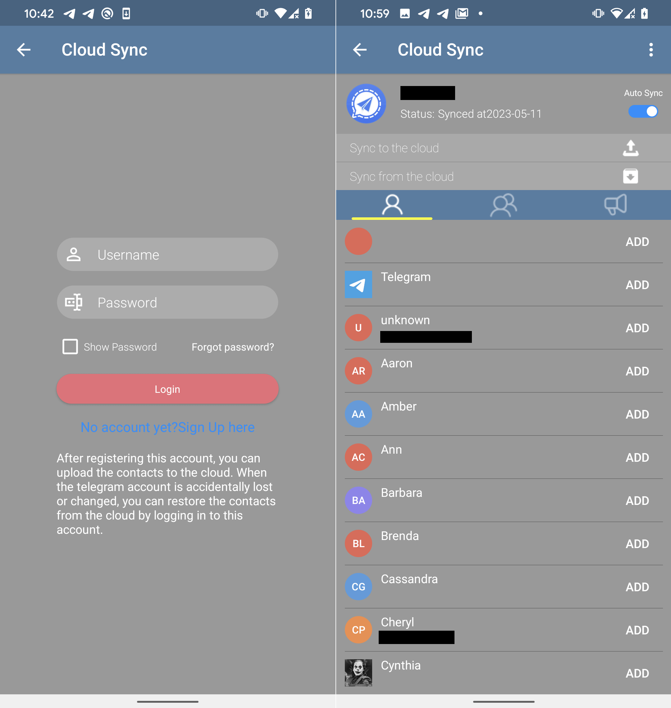 Figure 17. Cloud Sync login screen (left) and account sync interface (right) BadBazaar Figure_01