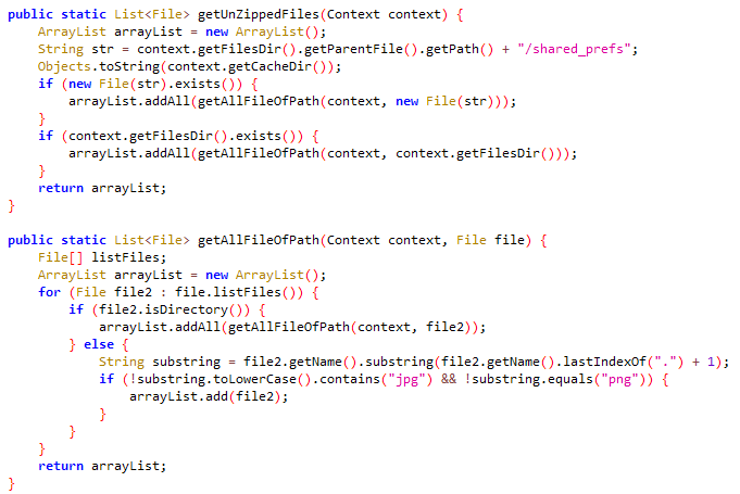 Figure 15. Code snippet responsible for listing files in the shared_prefs directory BadBazaar Figure_01