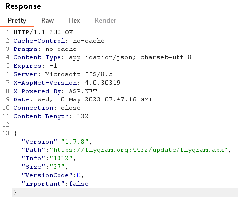 Figure 14. Server response with URL link to FlyGram update BadBazaar Figure_01