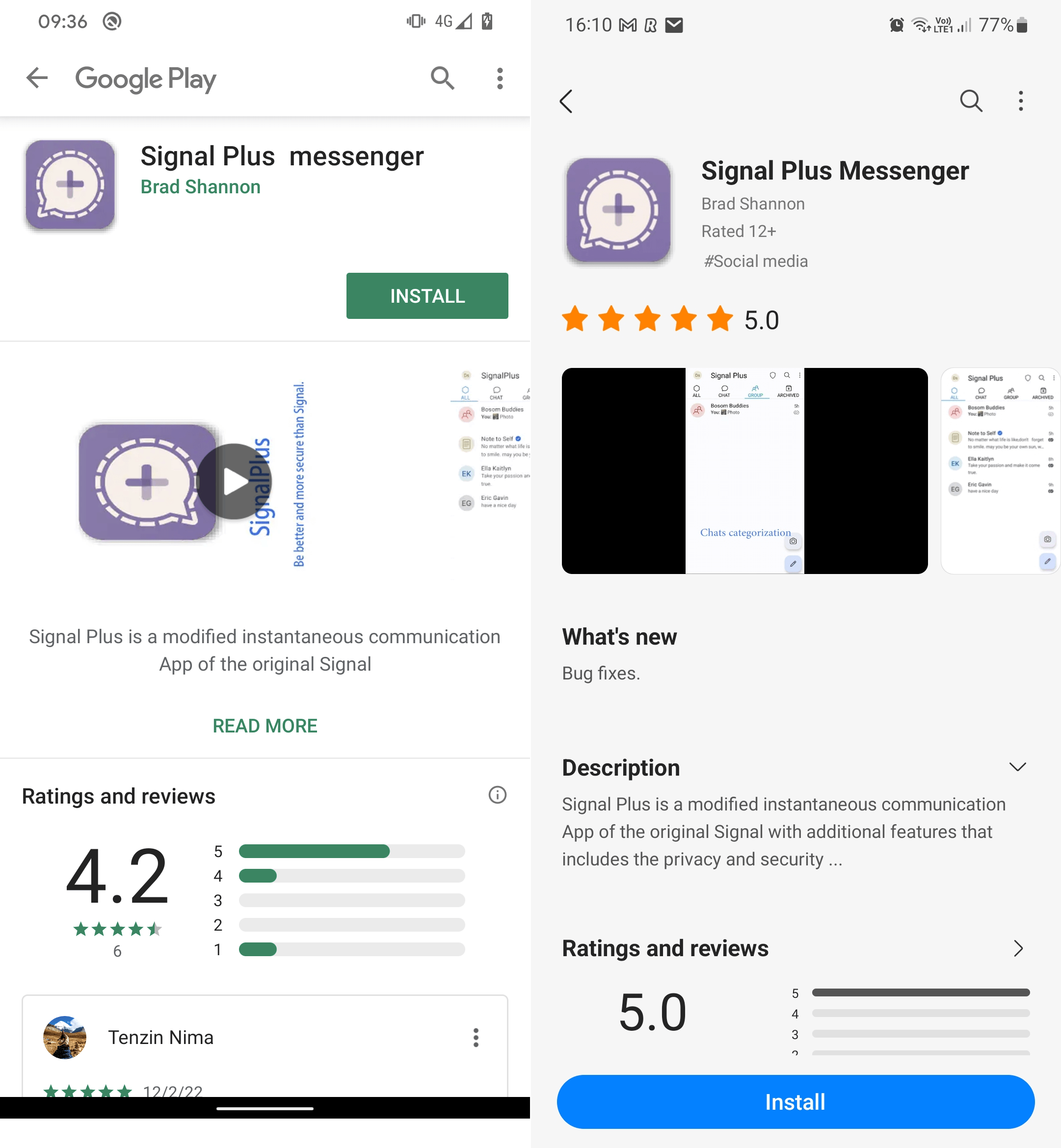 Figure 1. Signal Plus Messenger available on Google Play (left) and Samsung Galaxy Store (right) BadBazaar Figure_01