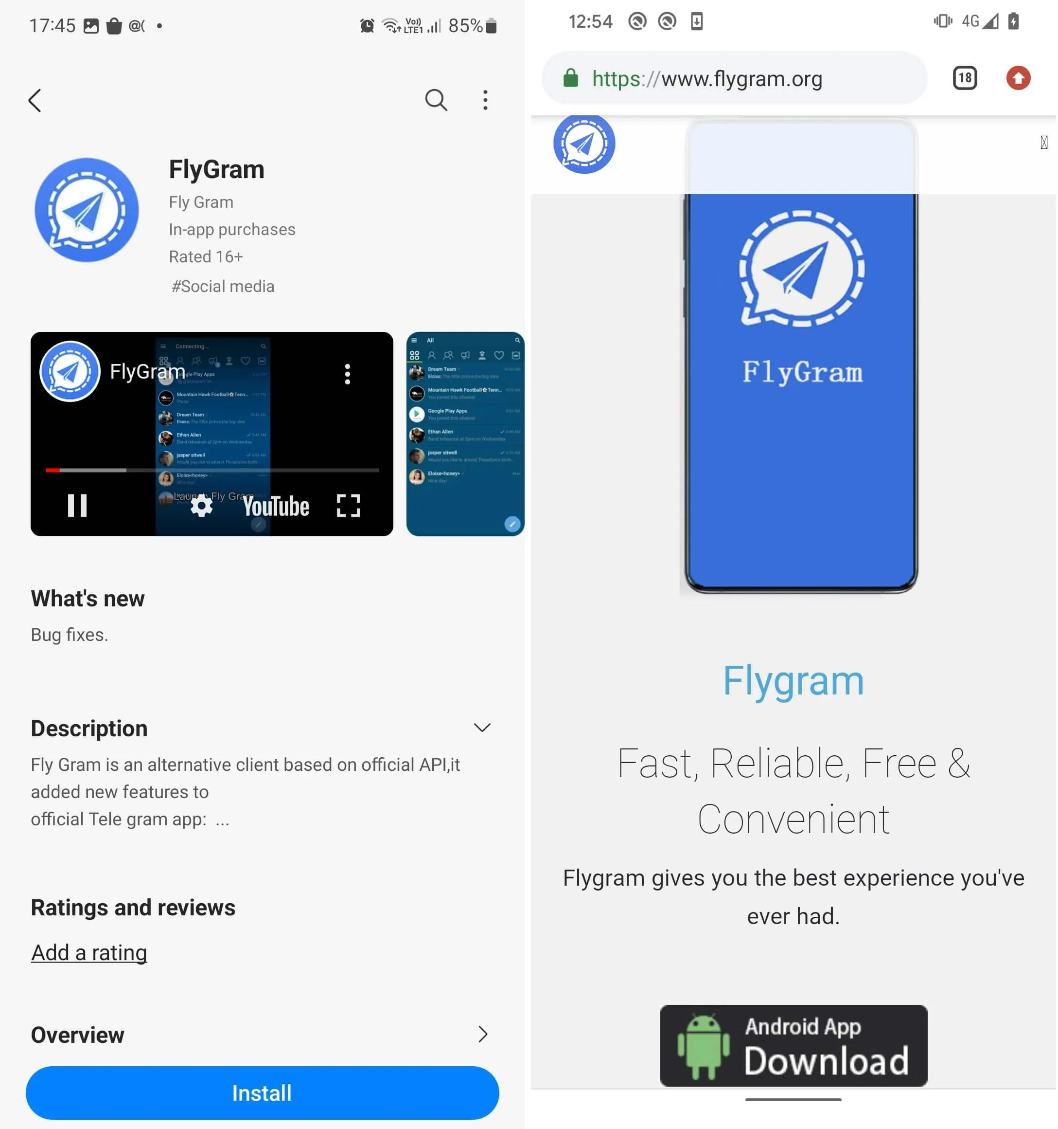 Figure 3. The malicious FlyGram app available for download on Galaxy Store (left) and a dedicated website (right) BadBazaar Figure_03