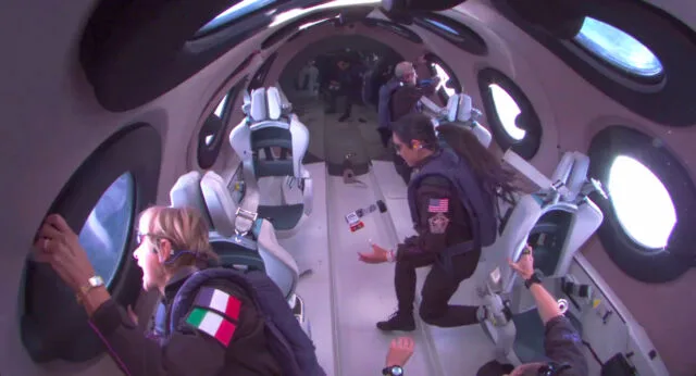 Inside the SpaceShipTwo cabin: Ketty Pucci-Sisti Maisonrouge (lower left), Kellie Gerardi (right center), and Alan Stern (upper right).