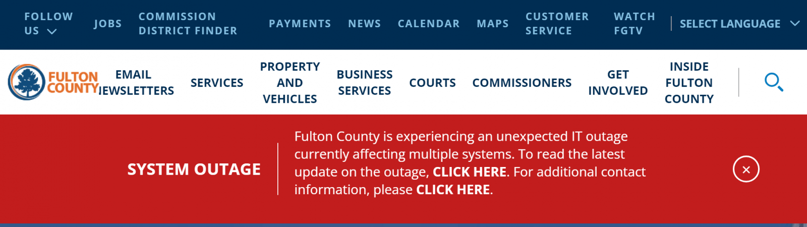 Fulton County shows "system outage" alert, three weeks after cyberattack