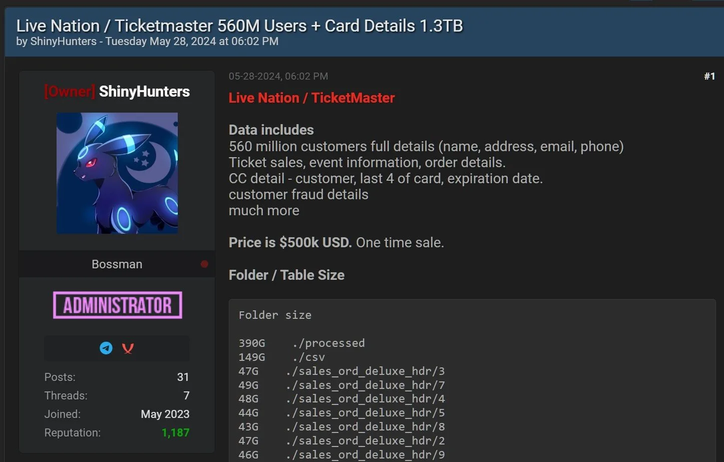 Ticketmaster data sold on a hacking forum