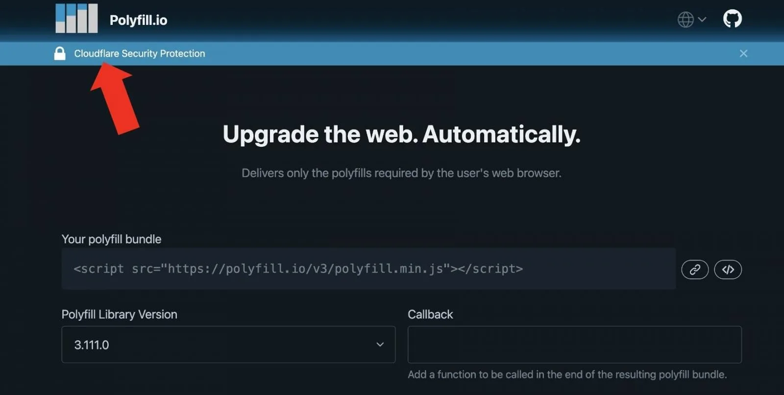 Cloudflare logo in use by Polyfill.io