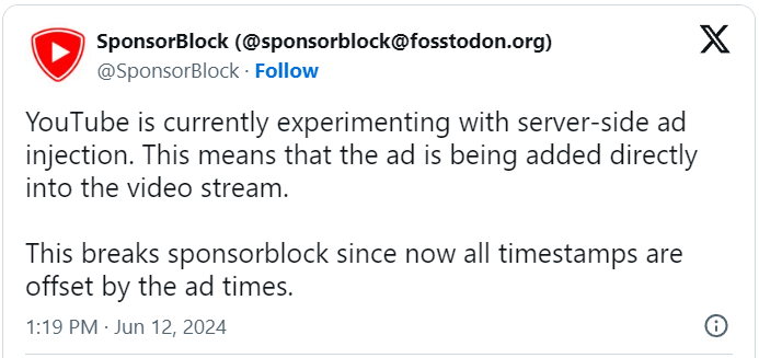 SponsorBlock tweet