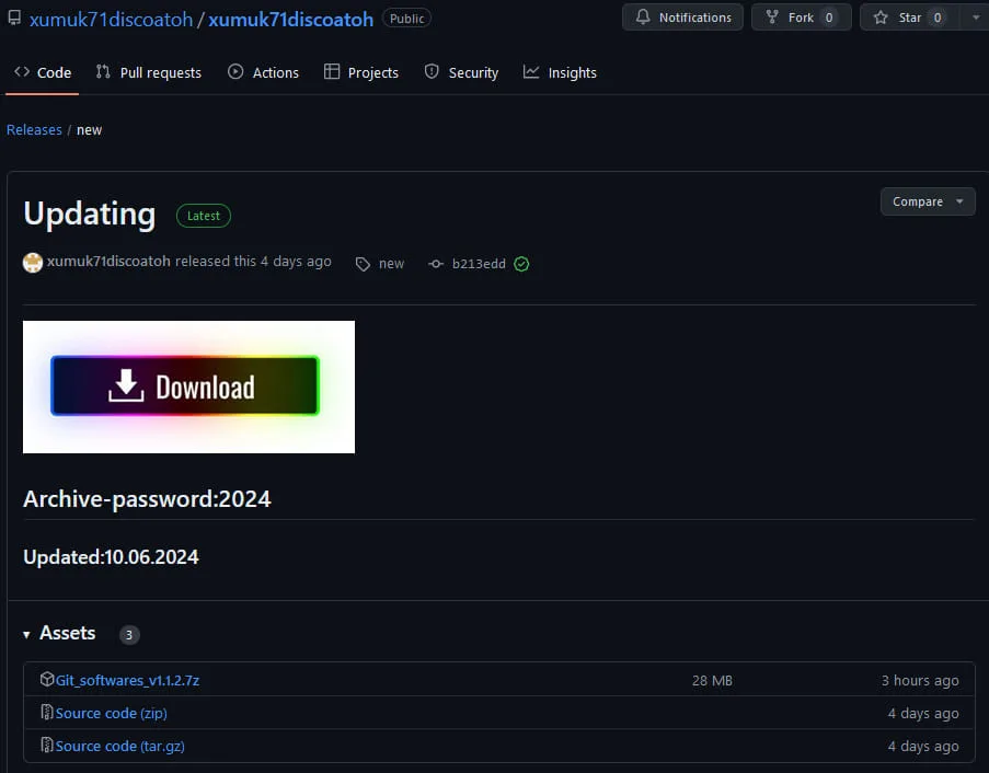 GitHub repository pushing password-protected archive containing malware