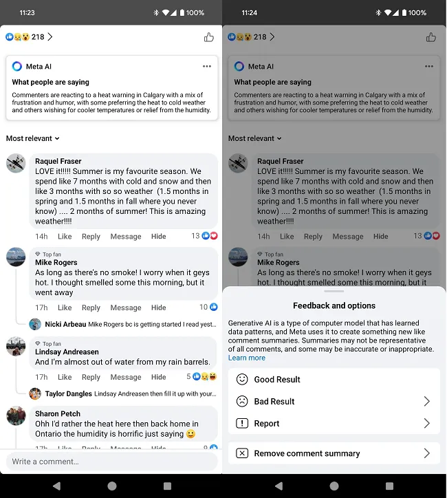 Meta AI comment summaries