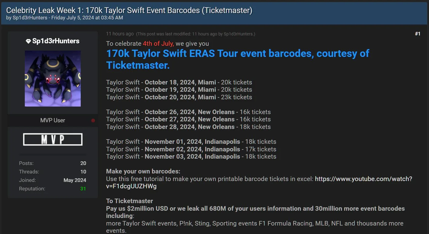Hackers leak alleged Taylor Swift tickets, amp up Ticketmaster extortion 6 Taylor Swift ticket data leaked on a hacking forum
