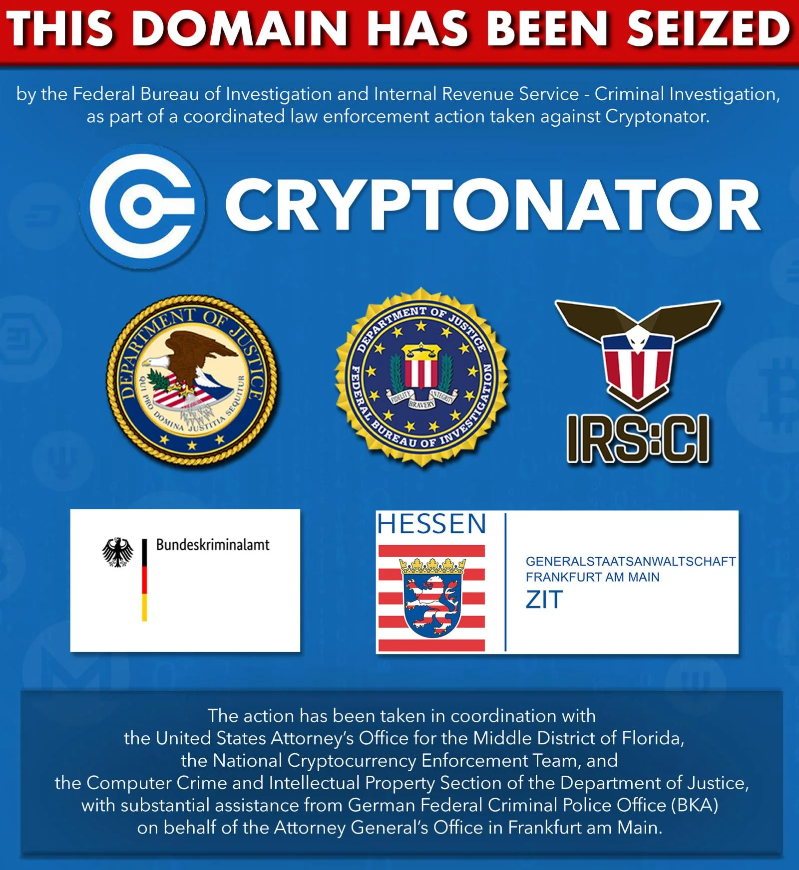 Cryptonator seized for laundering ransom payments, stolen crypto 6 Seizure banner on cryptonator.com