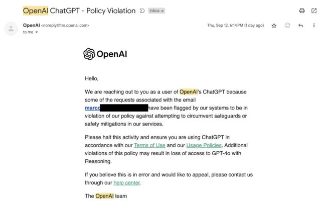 An OpenAI warning email received from a user after asking o1-preview about its reasoning processes.