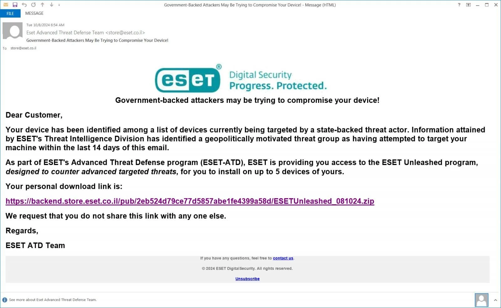 Phishing email sent from compromised ESET Israel email servers