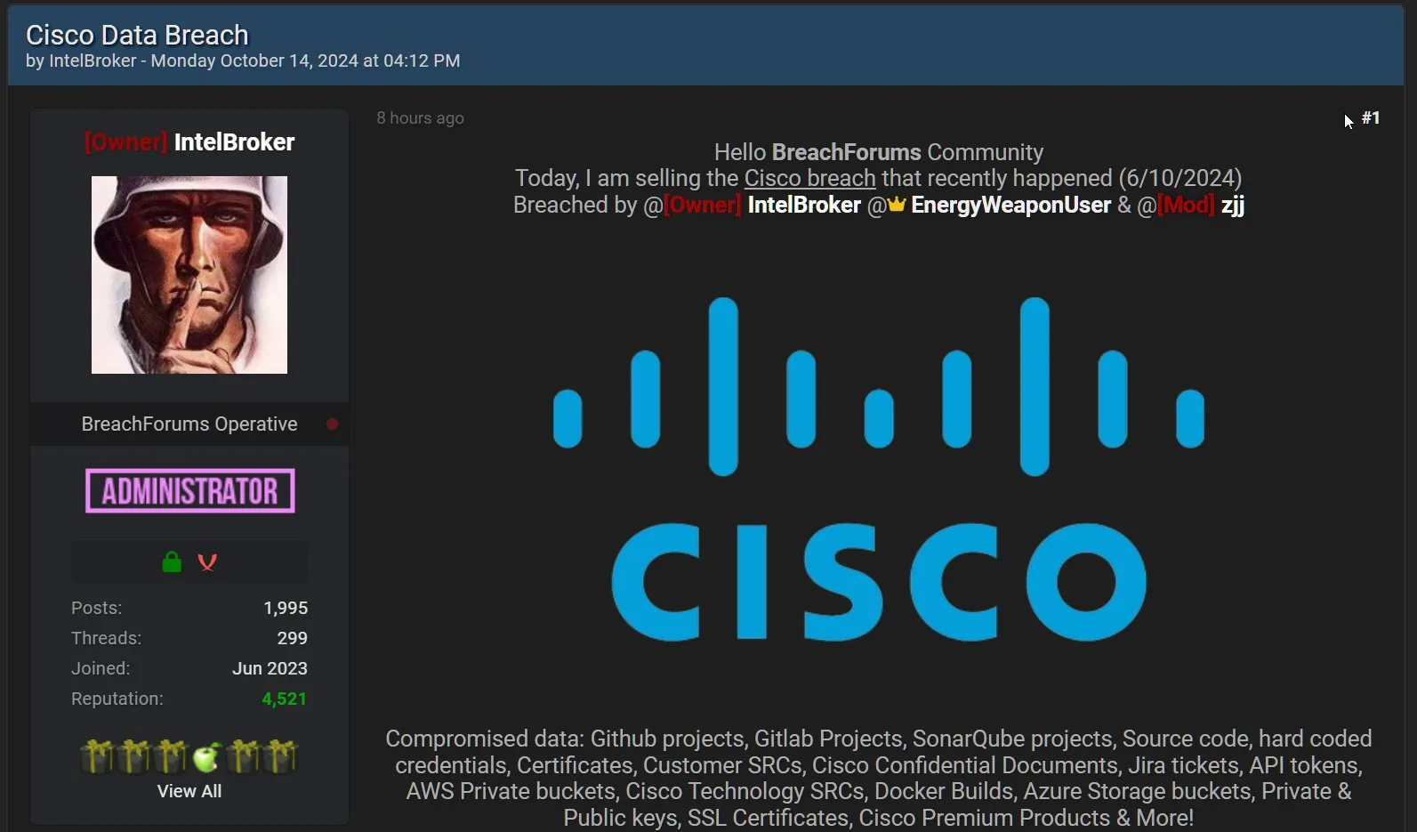 Cisco data for sale on a hacking forum