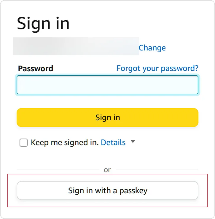 Sign in with a passkey option on Amazon