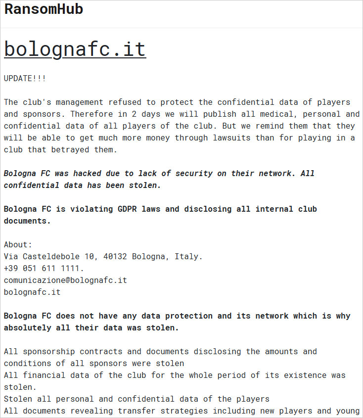 Bologna FC confirms data breach after RansomHub ransomware attack 6 RansomHub