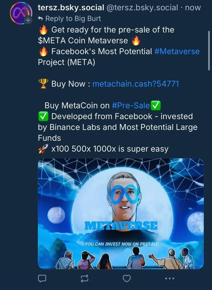 BlueSky crypto scam featuring Meta branding