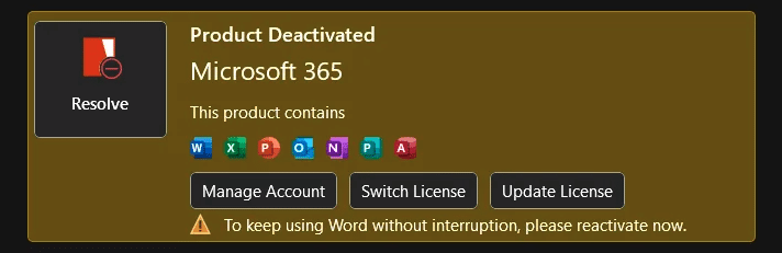 Microsoft 365 users hit by random product deactivation errors 6 Microsoft 365 "Product Deactivated" warning