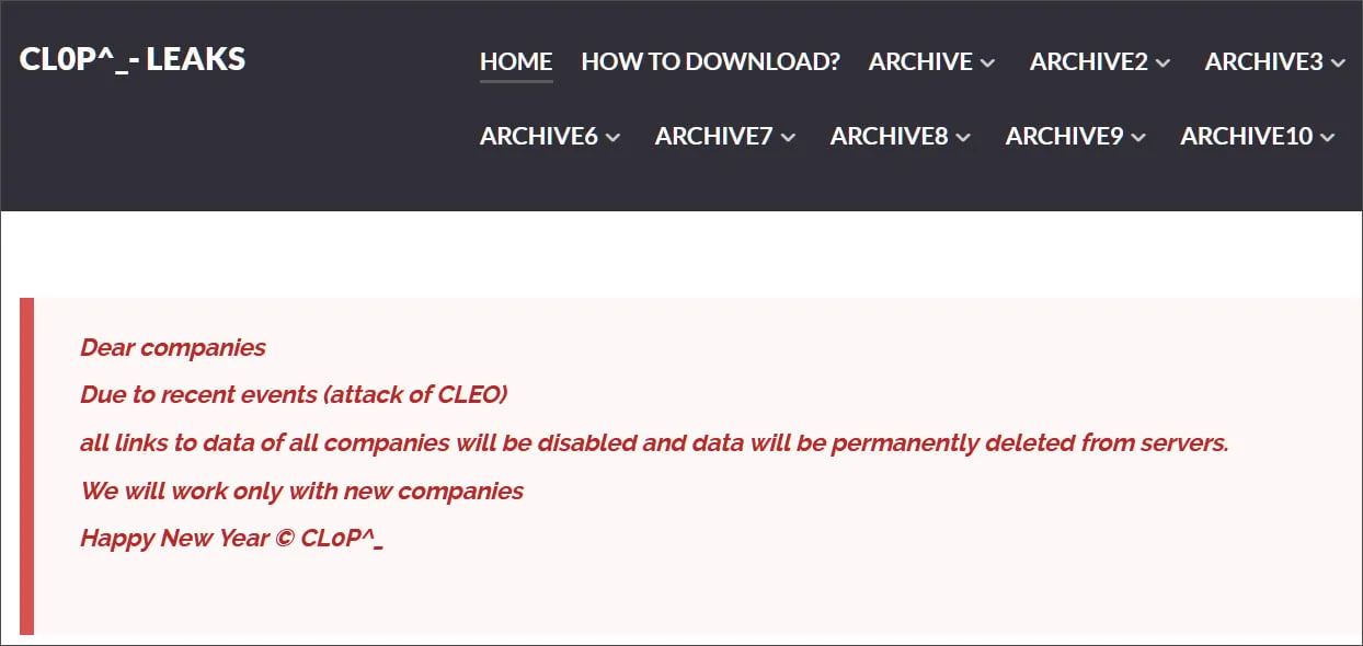 Message on the CL0P^_- LEAKS extortion site