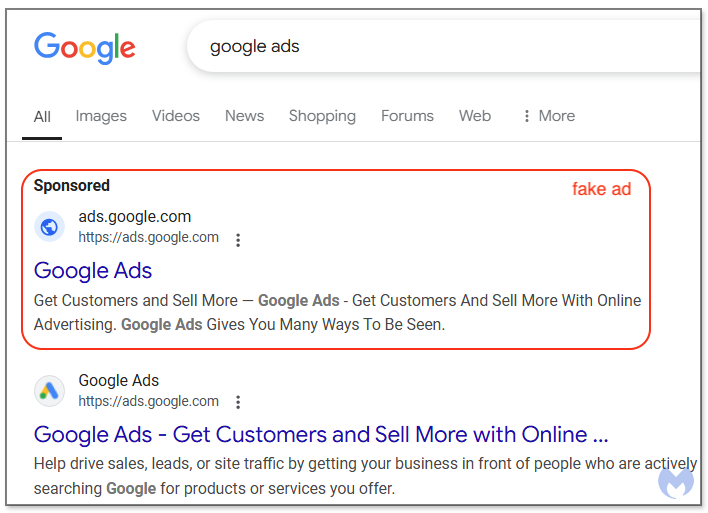 Fake ad impersonating Google Ads