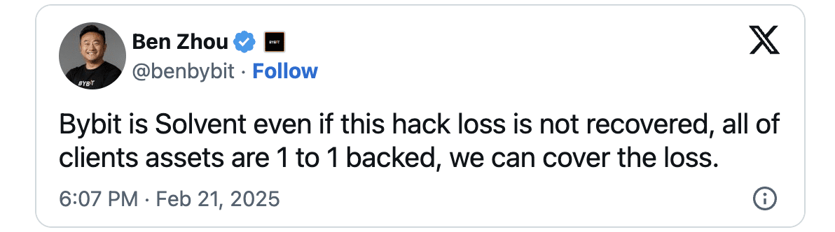 Bybit CEO Ben Zhou tweet