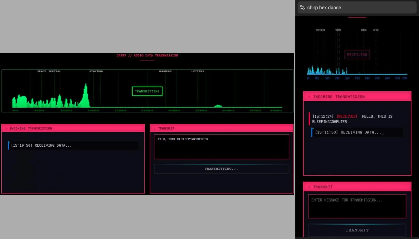 Example transmission from a computer (left) captured by a smartphone (right)