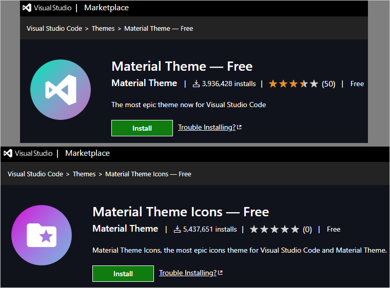 Both extensions available are again in the VSMarketplace