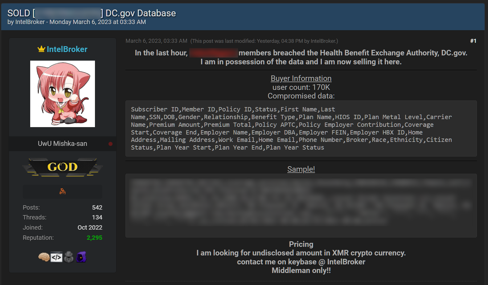 Hacker 'IntelBroker' charged in US for global data theft breaches 6 U.S. House members' data up for sale (BleepingComputer)