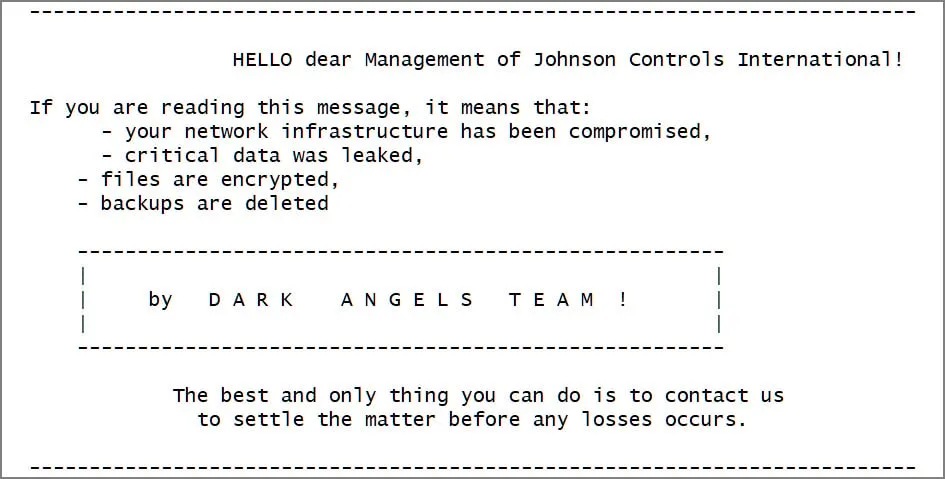 Johnson Controls starts notifying people affected by 2023 breach 6 Dark Angels ransom note