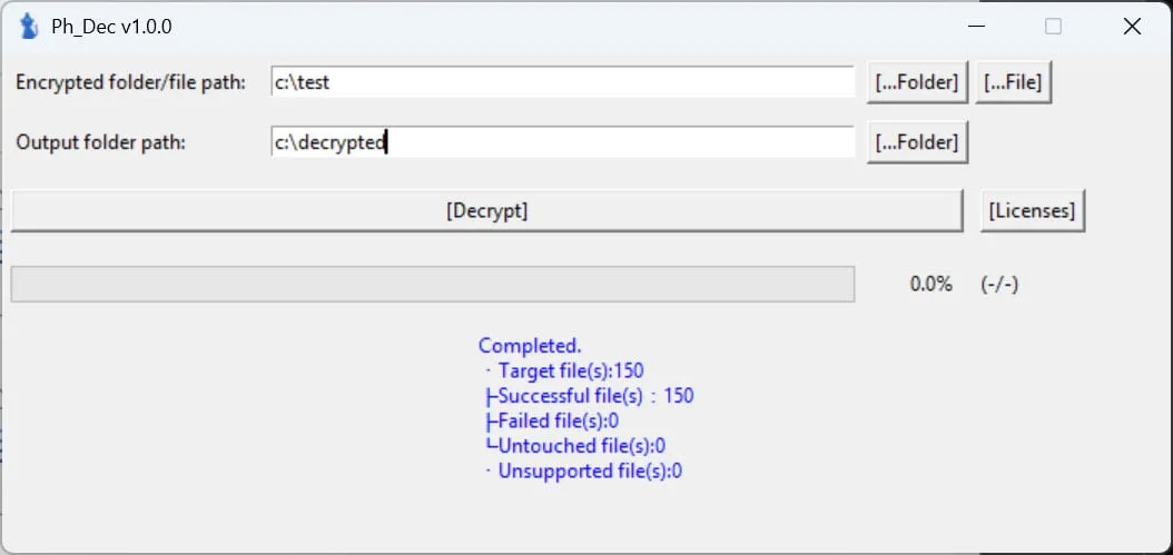 Decryptor successfully decrypting all files in the folder