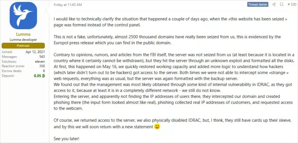 Lumma infostealer malware returns after law enforcement disruption 6 Lumma admin's first message after the law enforcement action