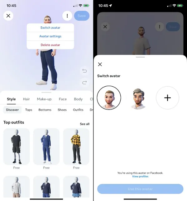 Meta avatar switch