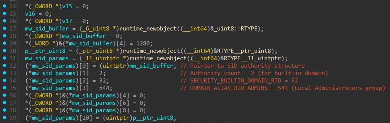Obscura, an obscure new ransomware variant 7 Figure 2: Snippet of main_windows_api_IsRunAsAdmin that configures Windows security constants (2, 32, 544) to create Administrators group SID for privilege checking
