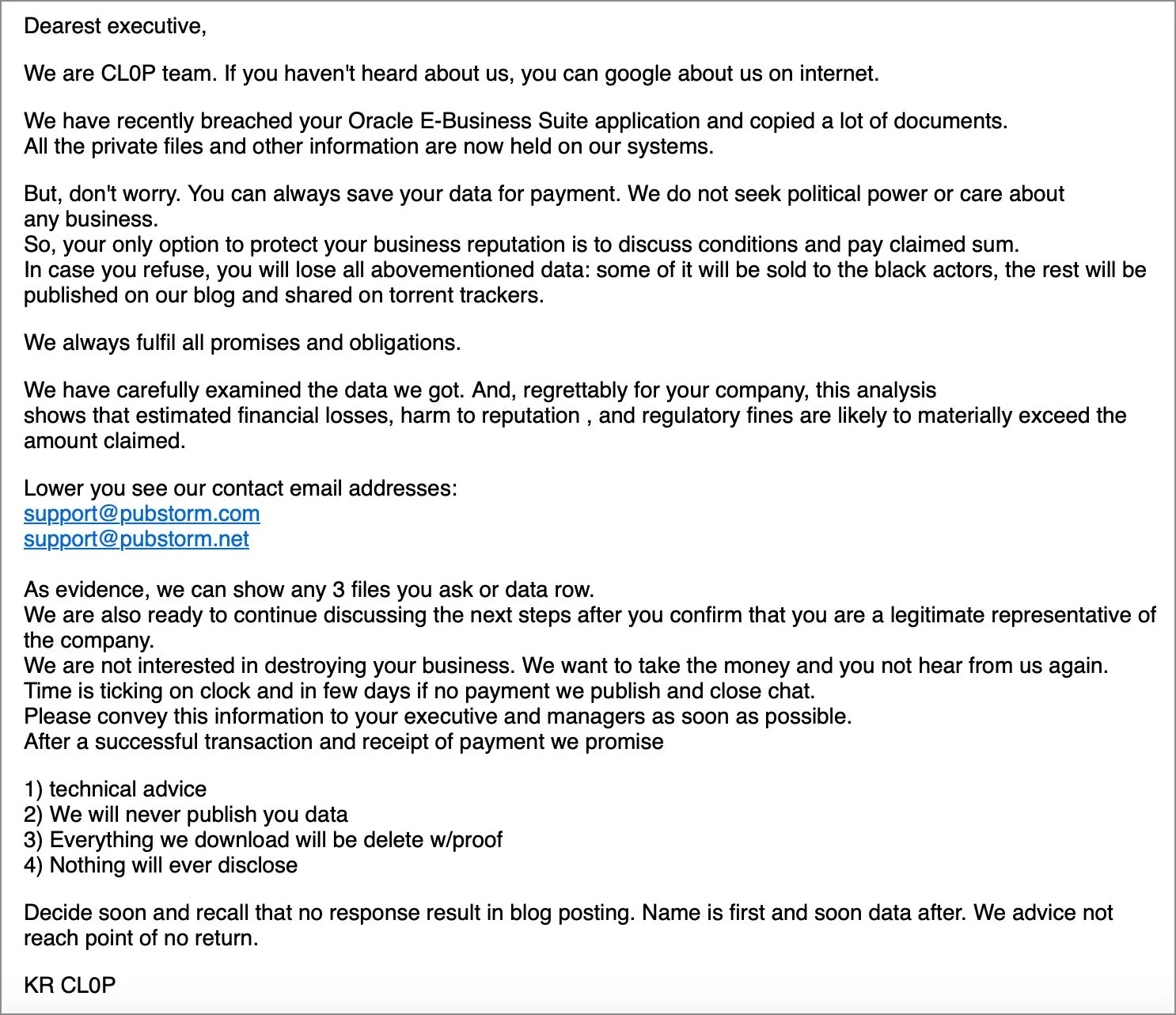 Oracle patches EBS zero-day exploited in Clop data theft attacks 6 Clop extortion email