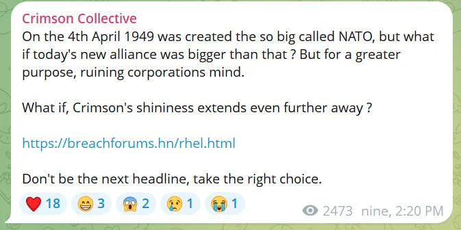 Red Hat data breach escalates as ShinyHunters joins extortion 6 Crimson Collective's Telegram post