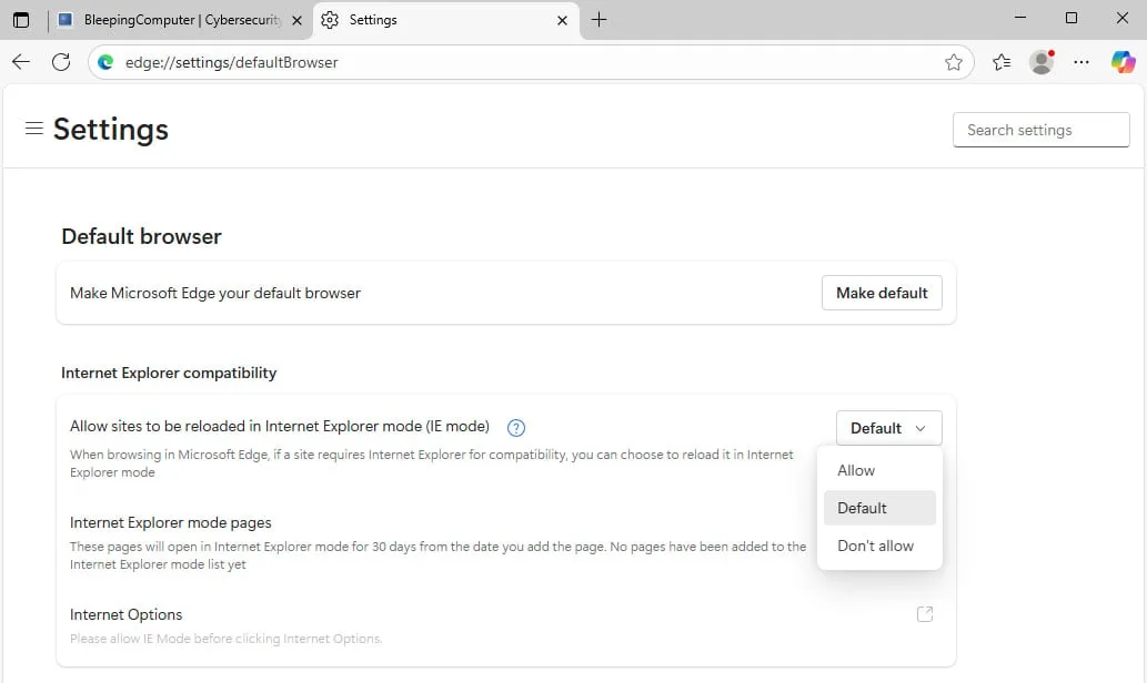 Microsoft restricts IE mode access in Edge after zero-day attacks 6 Edge setting for IE mode