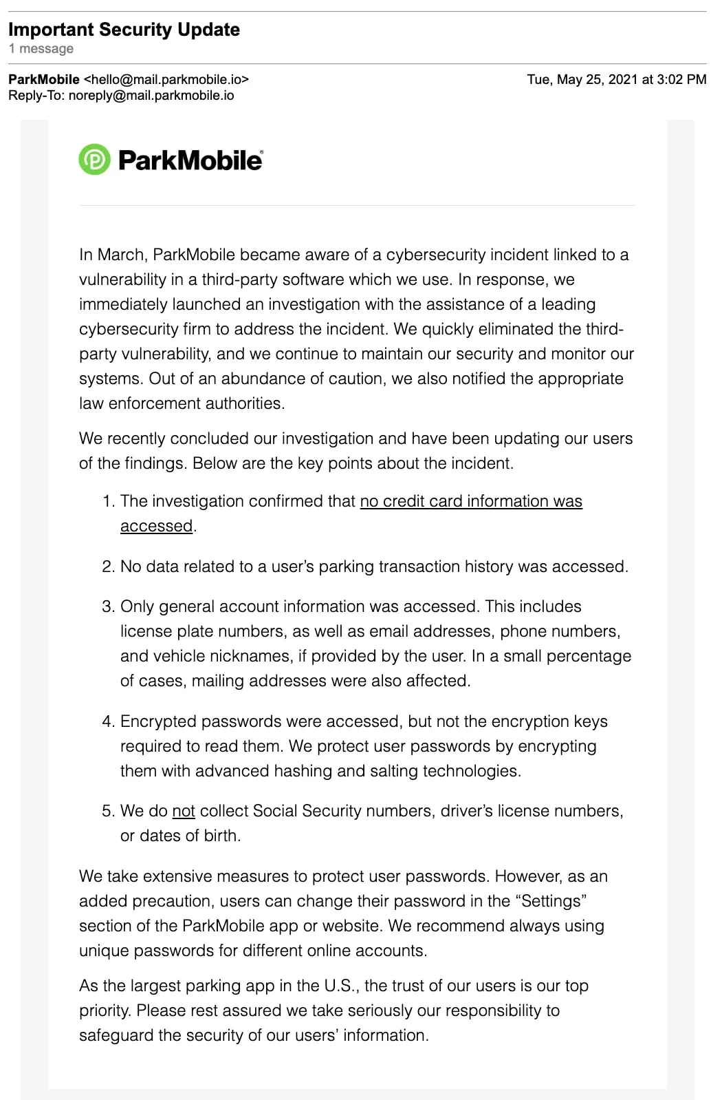 ParkMobile pays... $1 each for 2021 data breach that hit 22 million 7 ParkMobile 2021 email notification after incident