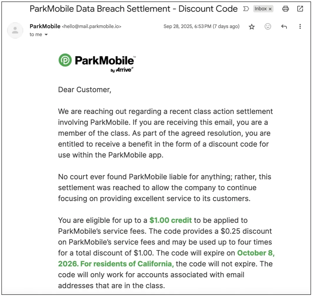 ParkMobile pays... $1 each for 2021 data breach that hit 22 million 6 ParkMobile settlement email notification to class action plaintiffs